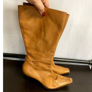 Vintage Y2K DI BRERA Women's Cognac Leather Square Toe Mid Calf Heeled Boots 38